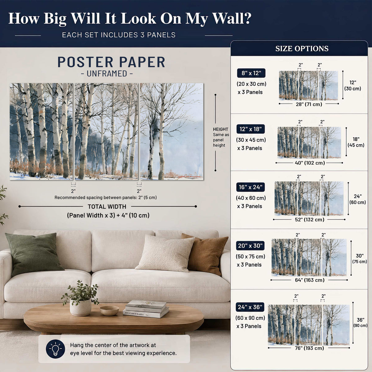 A line of bare birch trees against a cool blue-gray sky set of 3 poster prints size guide above a sofa; room view is illustrative