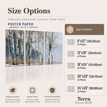 A line of bare birch trees against a cool blue-gray sky set of 3 poster prints available dimensions; triptych dimensions are per panel