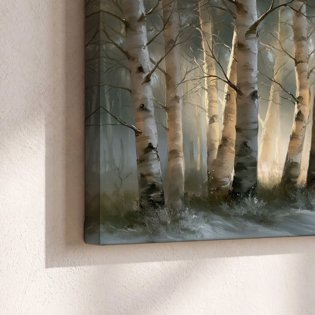 A softly lit woodland path winding between pale birch trunks 3 piece canvas wall art material and edge close up