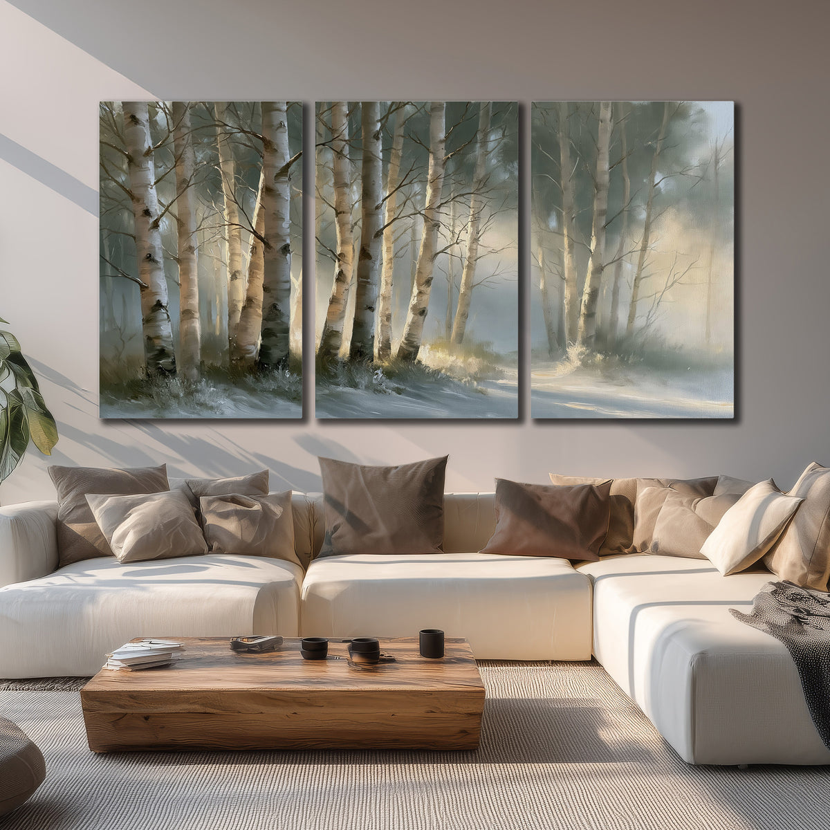 A softly lit woodland path winding between pale birch trunks 3 piece canvas wall art displayed in a living room
