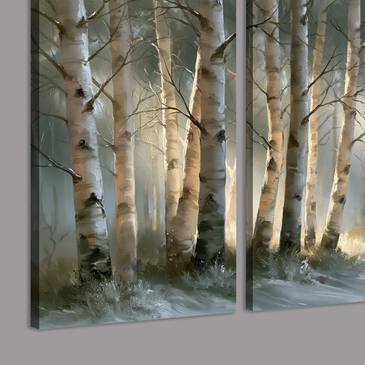 A softly lit woodland path winding between pale birch trunks 3 piece canvas wall art room and product view
