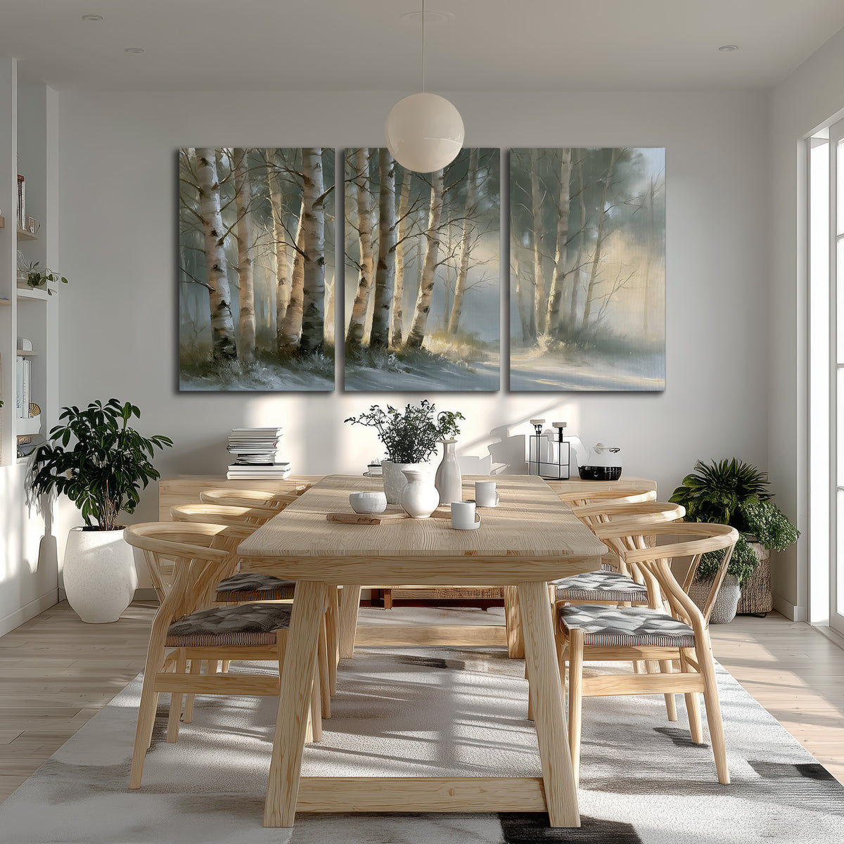 A softly lit woodland path winding between pale birch trunks 3 piece canvas wall art room and product view