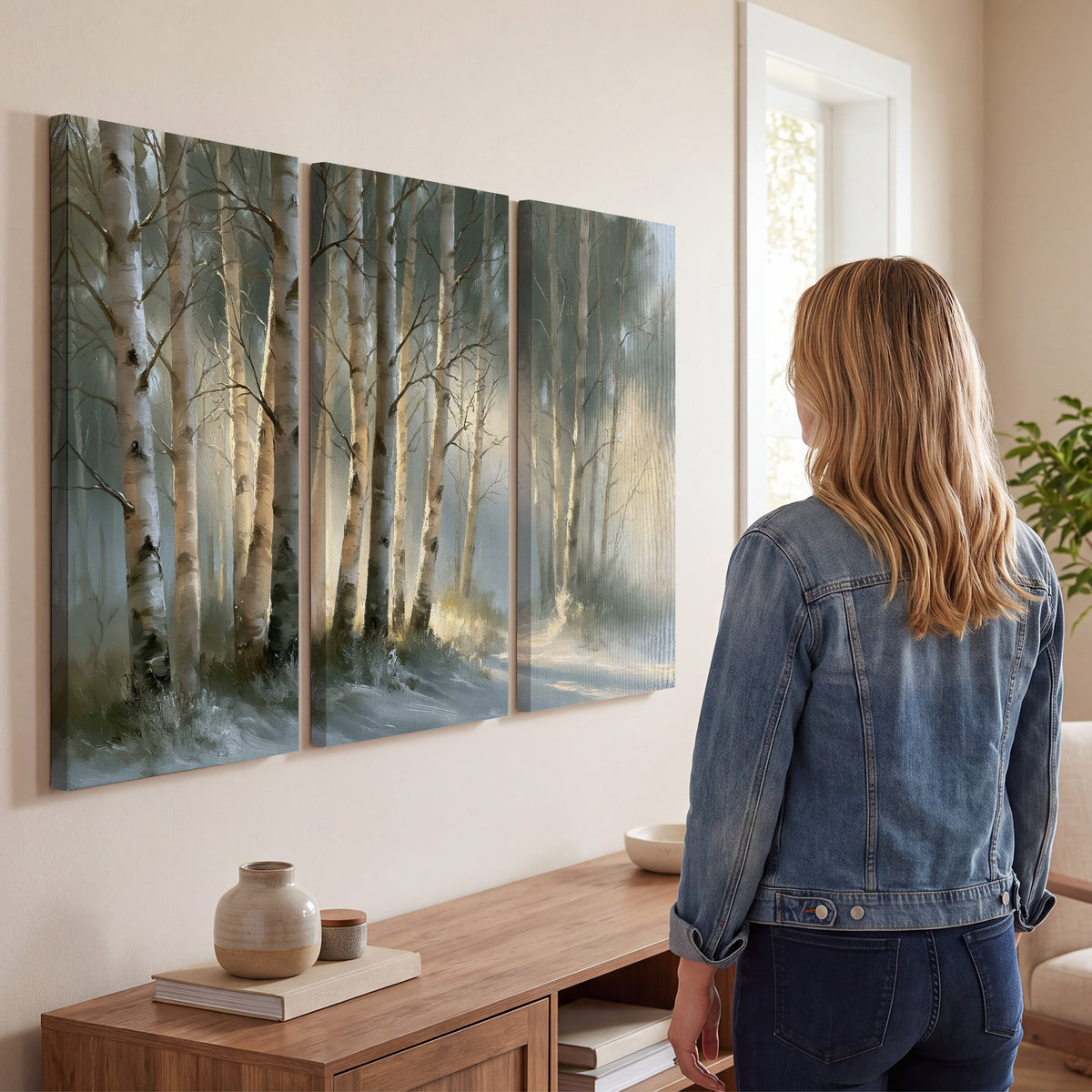 A softly lit woodland path winding between pale birch trunks 3 piece canvas wall art three panel arrangement on a wall