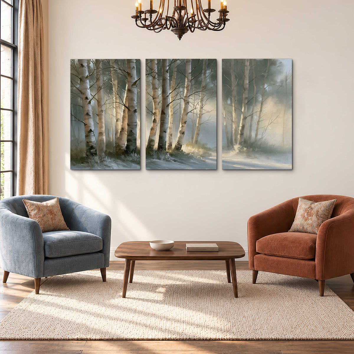 A softly lit woodland path winding between pale birch trunks 3 piece canvas wall art styled in an interior