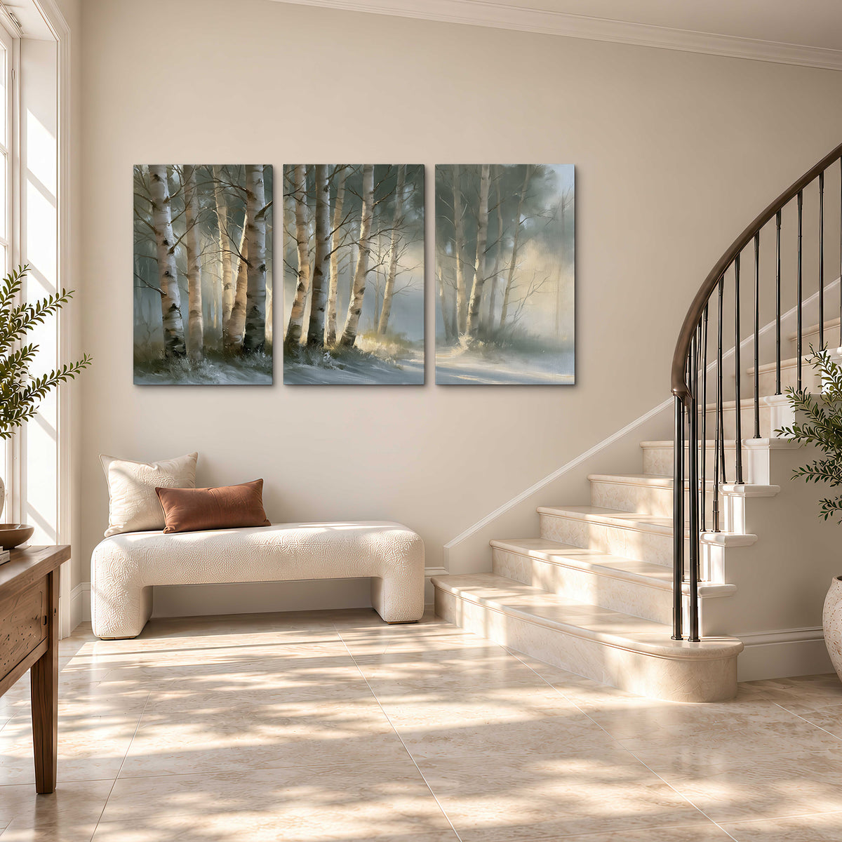 A softly lit woodland path winding between pale birch trunks 3 piece canvas wall art styled in an interior