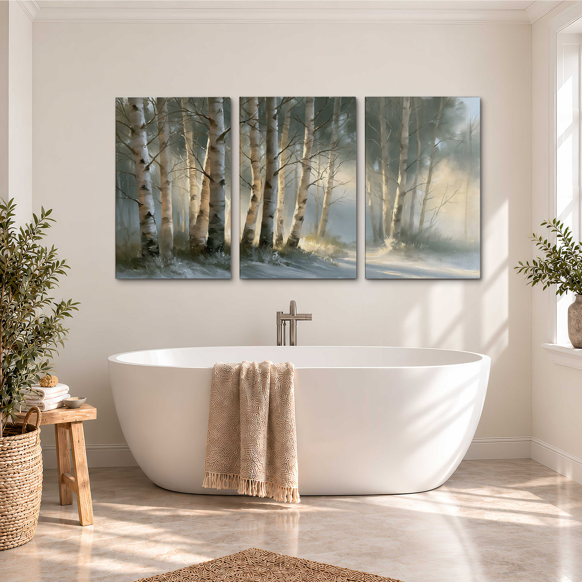A softly lit woodland path winding between pale birch trunks 3 piece canvas wall art styled in an interior