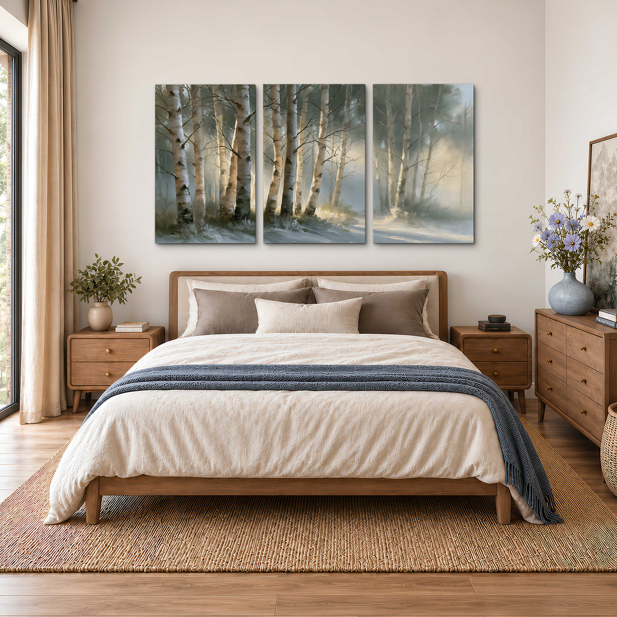 A softly lit woodland path winding between pale birch trunks 3 piece canvas wall art styled in an interior