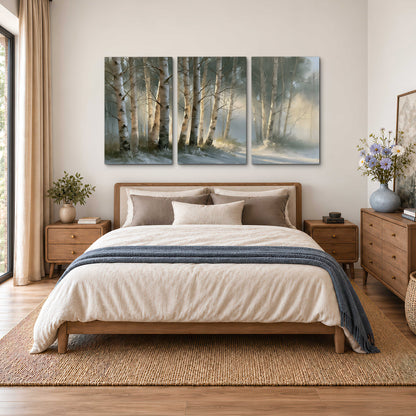 A softly lit woodland path winding between pale birch trunks 3 piece canvas wall art styled in an interior