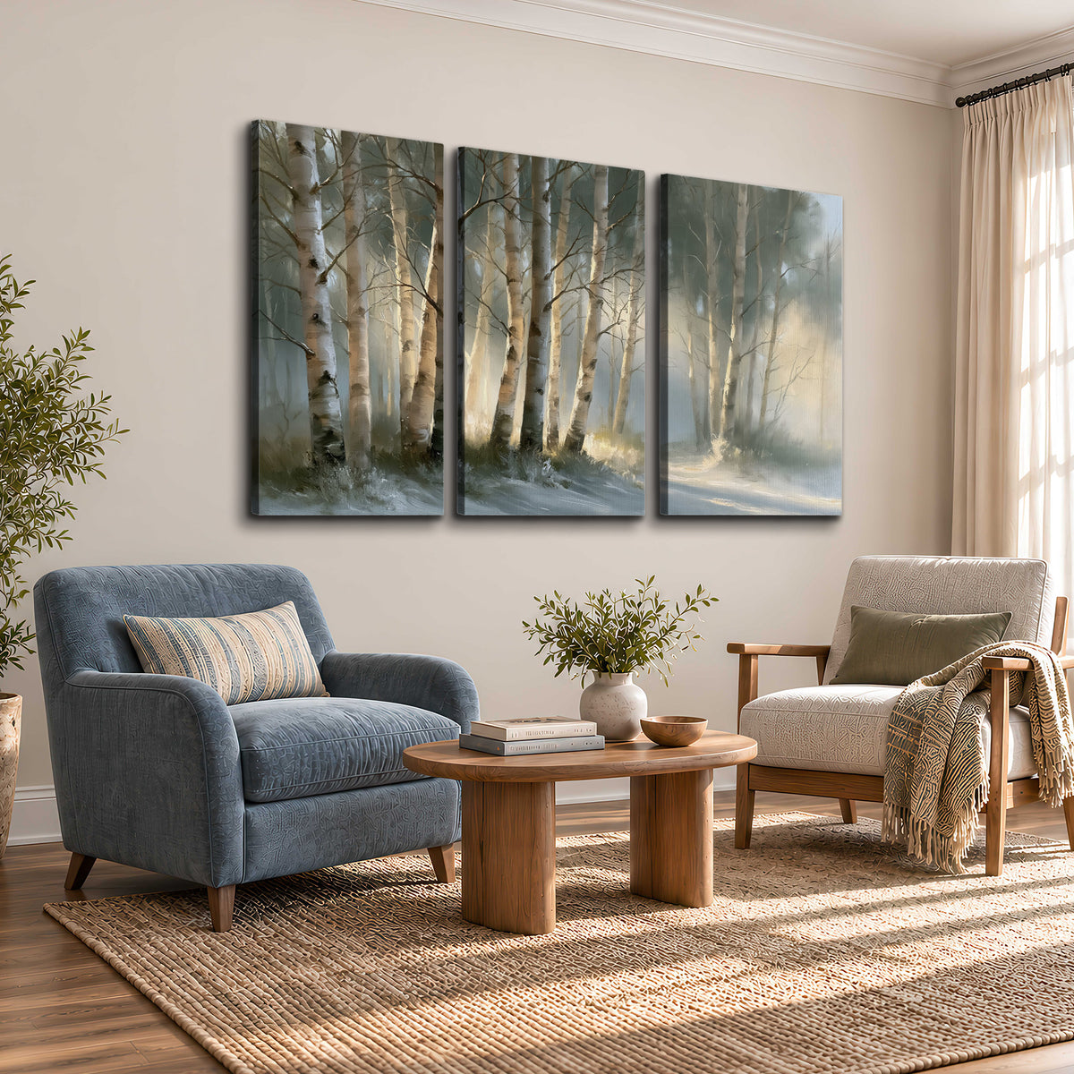 A softly lit woodland path winding between pale birch trunks 3 piece canvas wall art styled in an interior
