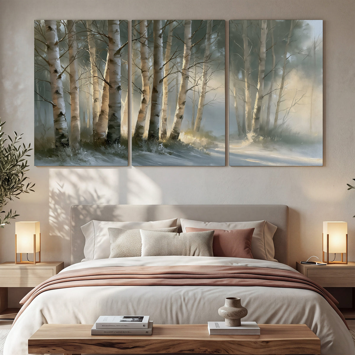 A softly lit woodland path winding between pale birch trunks 3 piece canvas wall art displayed in a bedroom