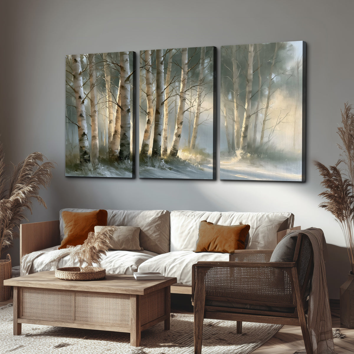 A softly lit woodland path winding between pale birch trunks 3 piece canvas wall art displayed in a rustic living room
