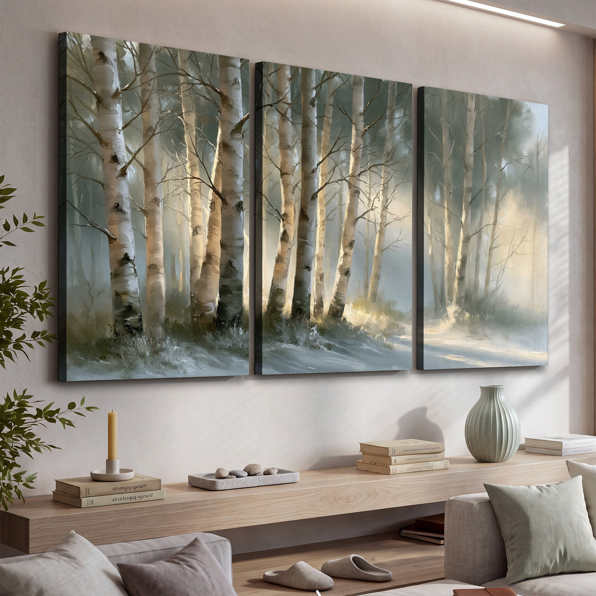 A softly lit woodland path winding between pale birch trunks 3 piece canvas wall art displayed in a console