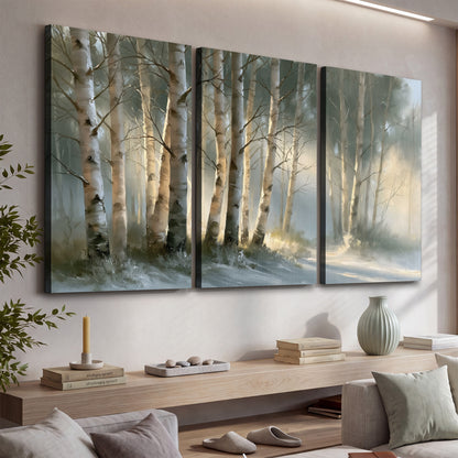 A softly lit woodland path winding between pale birch trunks 3 piece canvas wall art displayed in a console