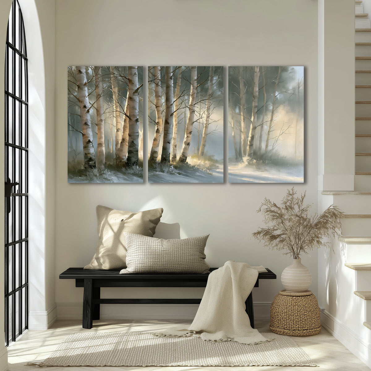 A softly lit woodland path winding between pale birch trunks 3 piece canvas wall art displayed in a entryway