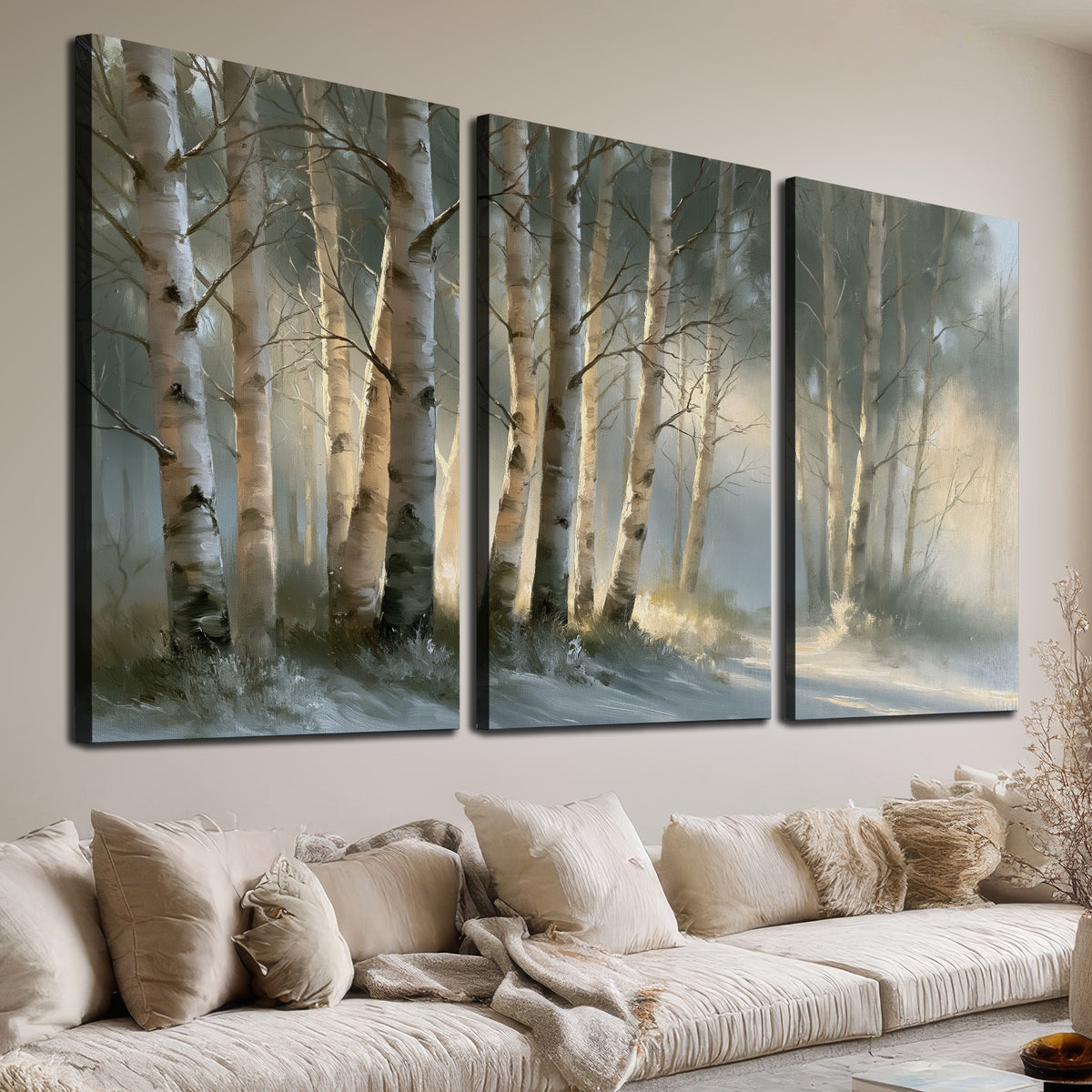 A softly lit woodland path winding between pale birch trunks 3 piece canvas wall art room and product view