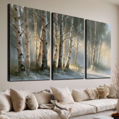 A softly lit woodland path winding between pale birch trunks 3 piece canvas wall art room and product view