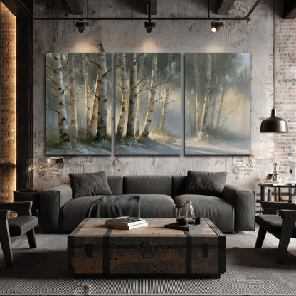A softly lit woodland path winding between pale birch trunks 3 piece canvas wall art displayed in a industrial room