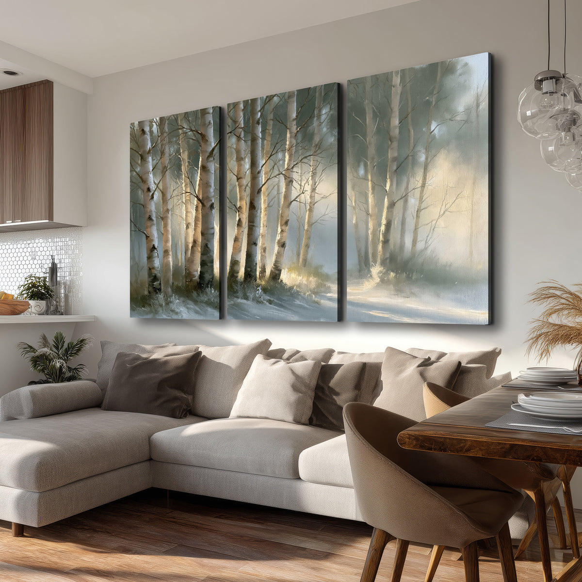 A softly lit woodland path winding between pale birch trunks 3 piece canvas wall art room and product view