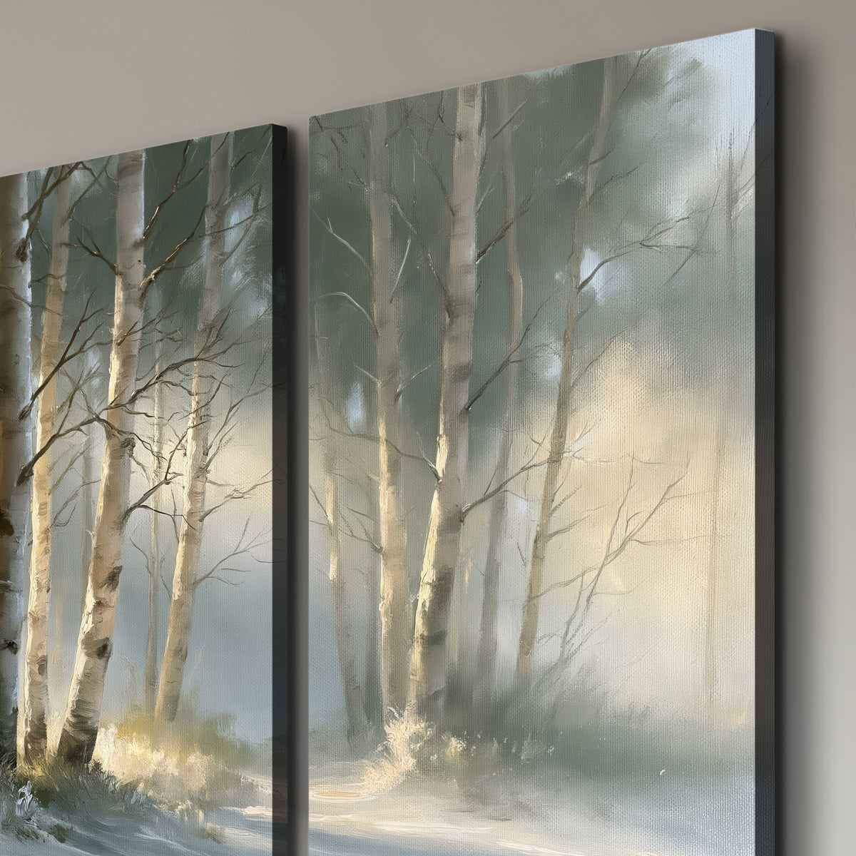 A softly lit woodland path winding between pale birch trunks 3 piece canvas wall art room and product view