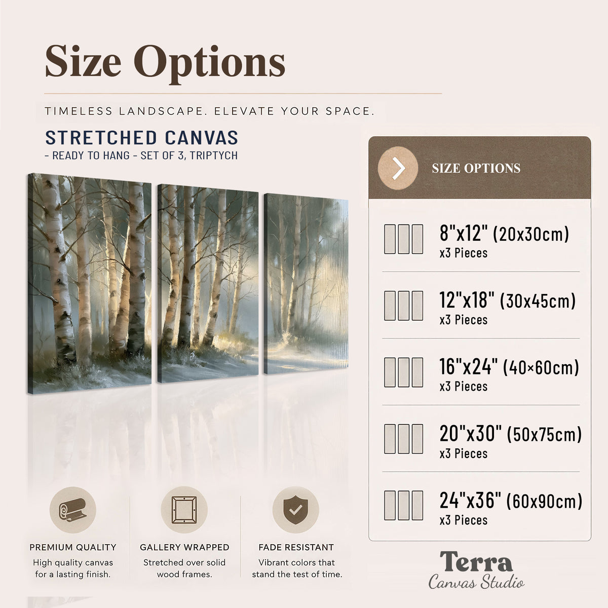 A softly lit woodland path winding between pale birch trunks 3 piece canvas wall art available dimensions; triptych dimensions are per panel