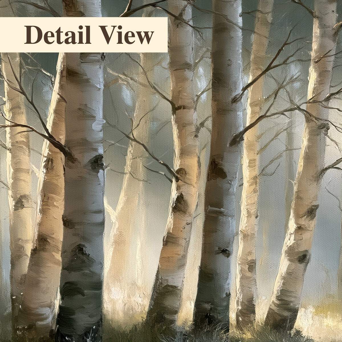 A softly lit woodland path winding between pale birch trunks 3 piece canvas wall art artwork detail close up