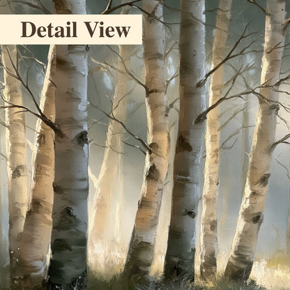 A softly lit woodland path winding between pale birch trunks 3 piece canvas wall art artwork detail close up