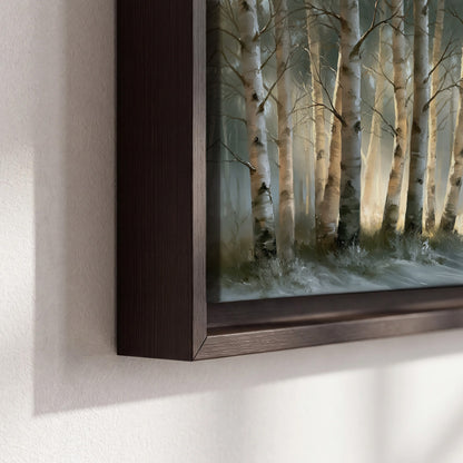 A softly lit woodland path winding between pale birch trunks 3 piece framed canvas wall art material and edge close up