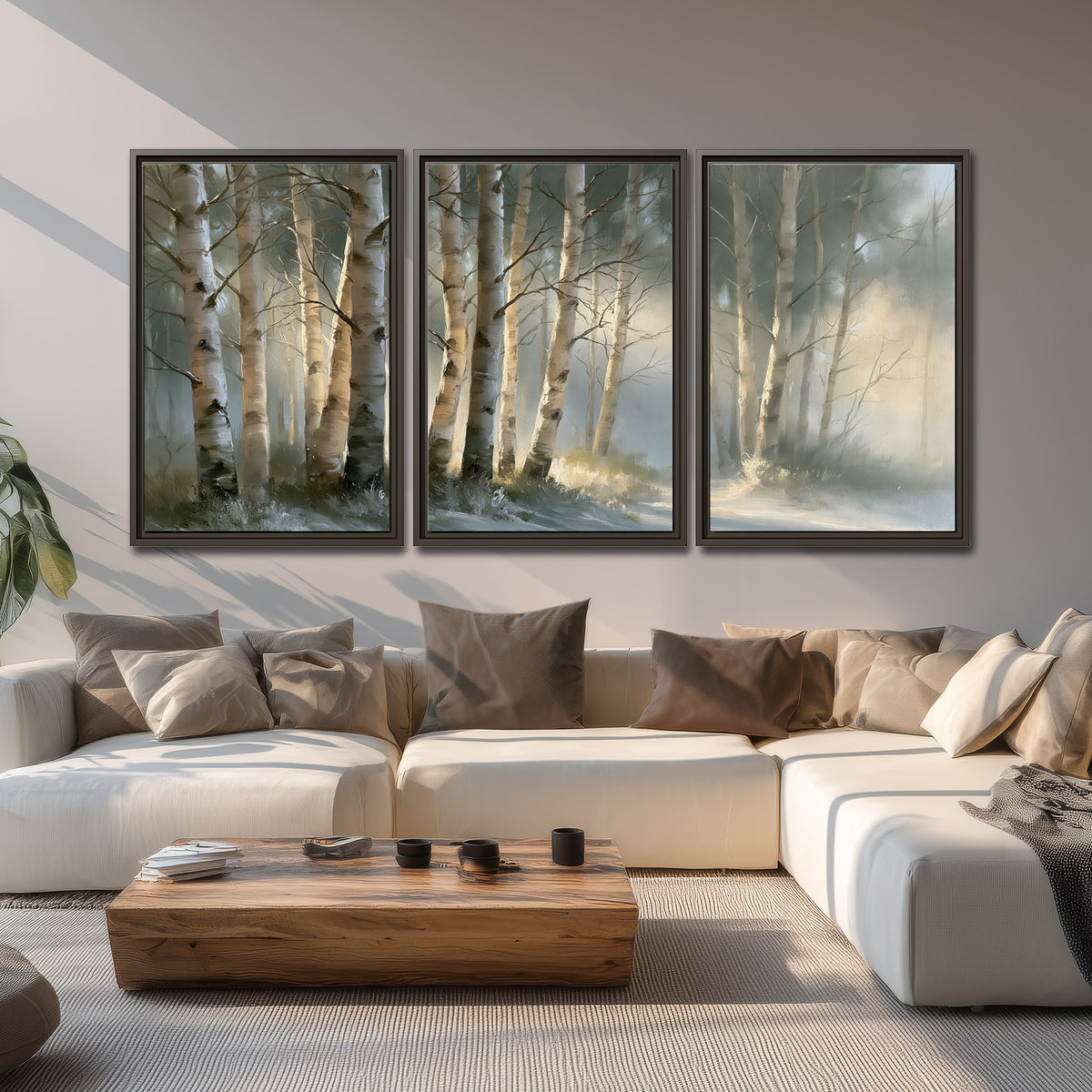 A softly lit woodland path winding between pale birch trunks 3 piece framed canvas wall art displayed in a living room