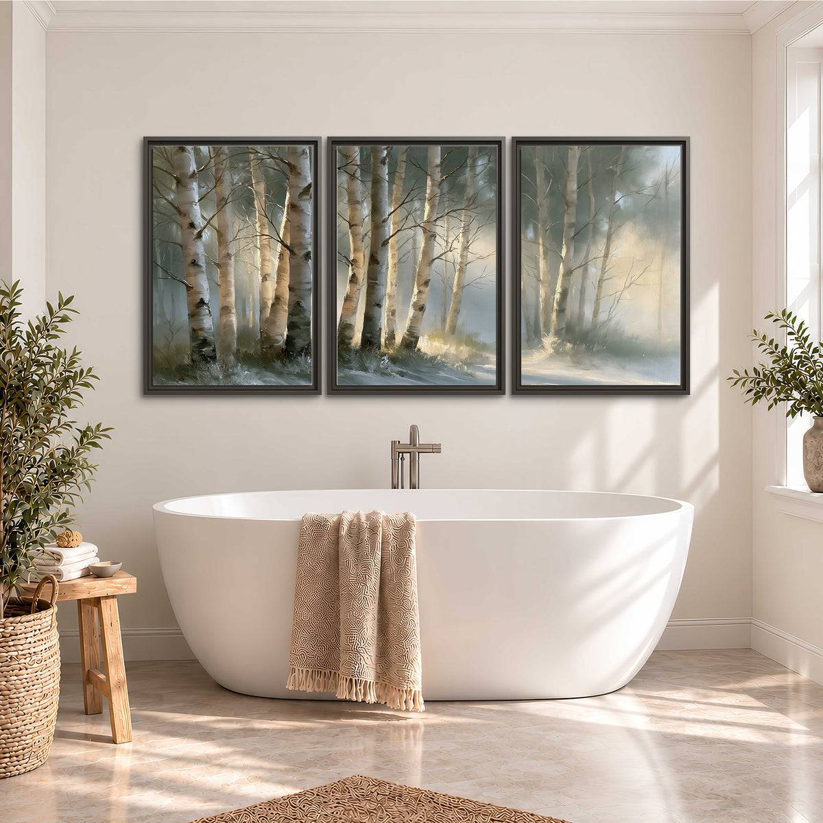 A softly lit woodland path winding between pale birch trunks 3 piece framed canvas wall art styled in an interior