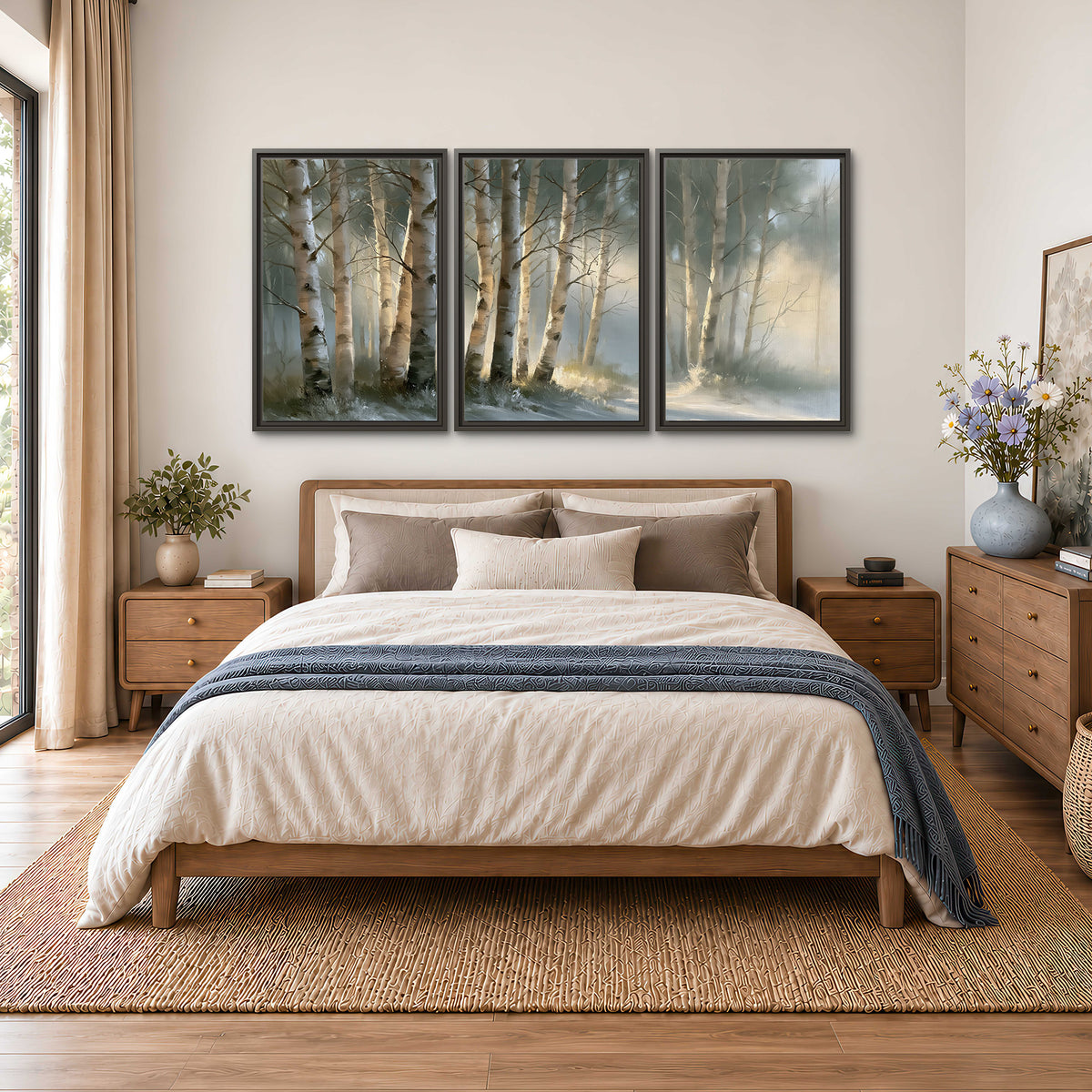 A softly lit woodland path winding between pale birch trunks 3 piece framed canvas wall art styled in an interior