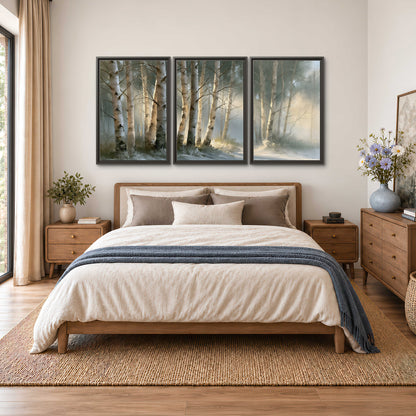 A softly lit woodland path winding between pale birch trunks 3 piece framed canvas wall art styled in an interior