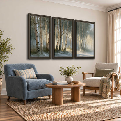 A softly lit woodland path winding between pale birch trunks 3 piece framed canvas wall art styled in an interior