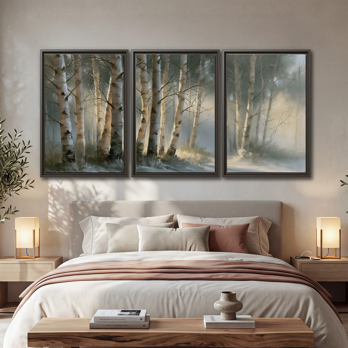 A softly lit woodland path winding between pale birch trunks 3 piece framed canvas wall art displayed in a bedroom