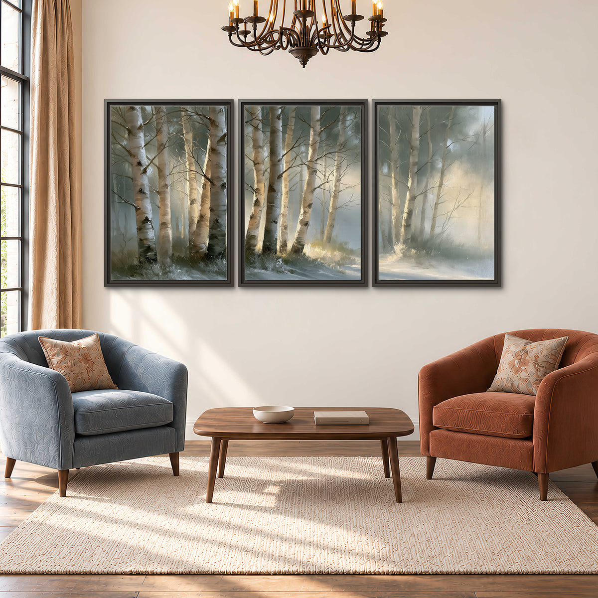 A softly lit woodland path winding between pale birch trunks 3 piece framed canvas wall art styled in an interior