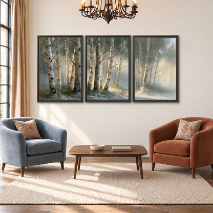 A softly lit woodland path winding between pale birch trunks 3 piece framed canvas wall art styled in an interior