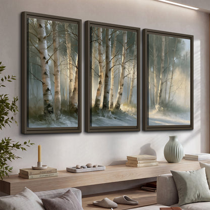 A softly lit woodland path winding between pale birch trunks 3 piece framed canvas wall art displayed in a console