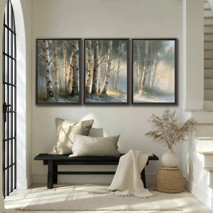 A softly lit woodland path winding between pale birch trunks 3 piece framed canvas wall art displayed in a entryway