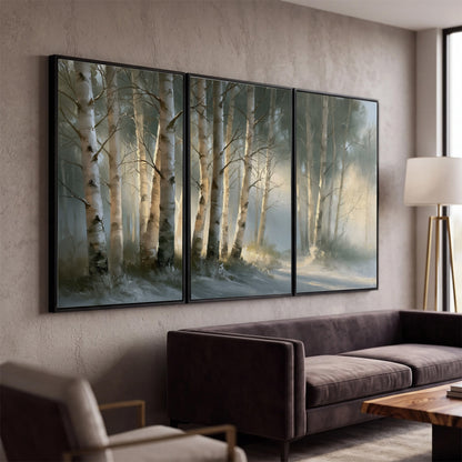 A softly lit woodland path winding between pale birch trunks 3 piece framed canvas wall art displayed in a modern living room