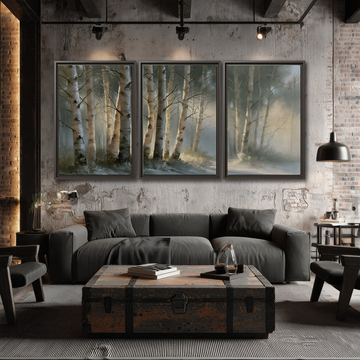 A softly lit woodland path winding between pale birch trunks 3 piece framed canvas wall art displayed in a industrial room