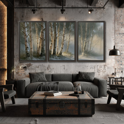 A softly lit woodland path winding between pale birch trunks 3 piece framed canvas wall art displayed in a industrial room