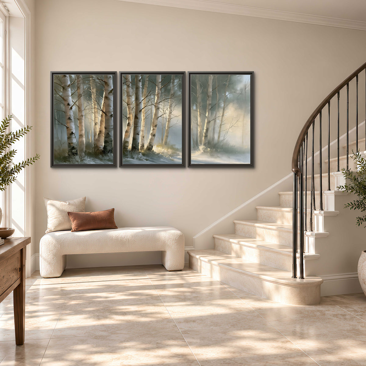 A softly lit woodland path winding between pale birch trunks 3 piece framed canvas wall art styled in an interior