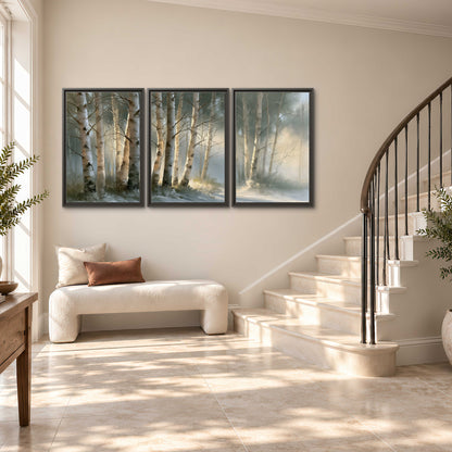 A softly lit woodland path winding between pale birch trunks 3 piece framed canvas wall art styled in an interior
