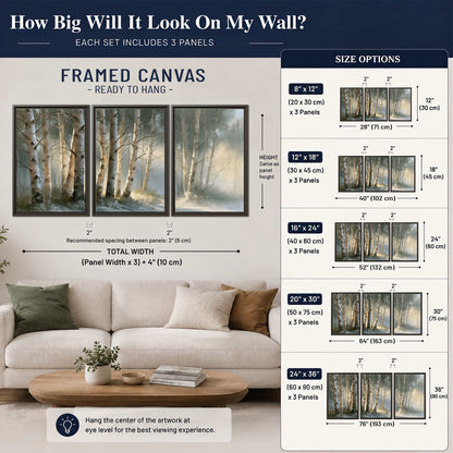 A softly lit woodland path winding between pale birch trunks 3 piece framed canvas wall art size guide above a sofa; room view is illustrative