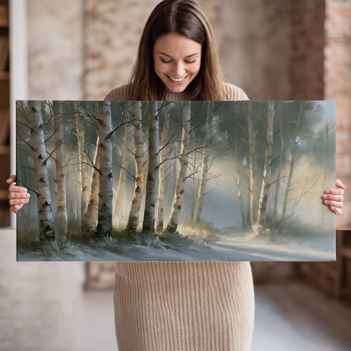 A softly lit woodland path winding between pale birch trunks single canvas wall art held in hands