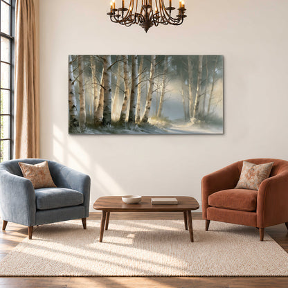 A softly lit woodland path winding between pale birch trunks single canvas wall art styled in an interior