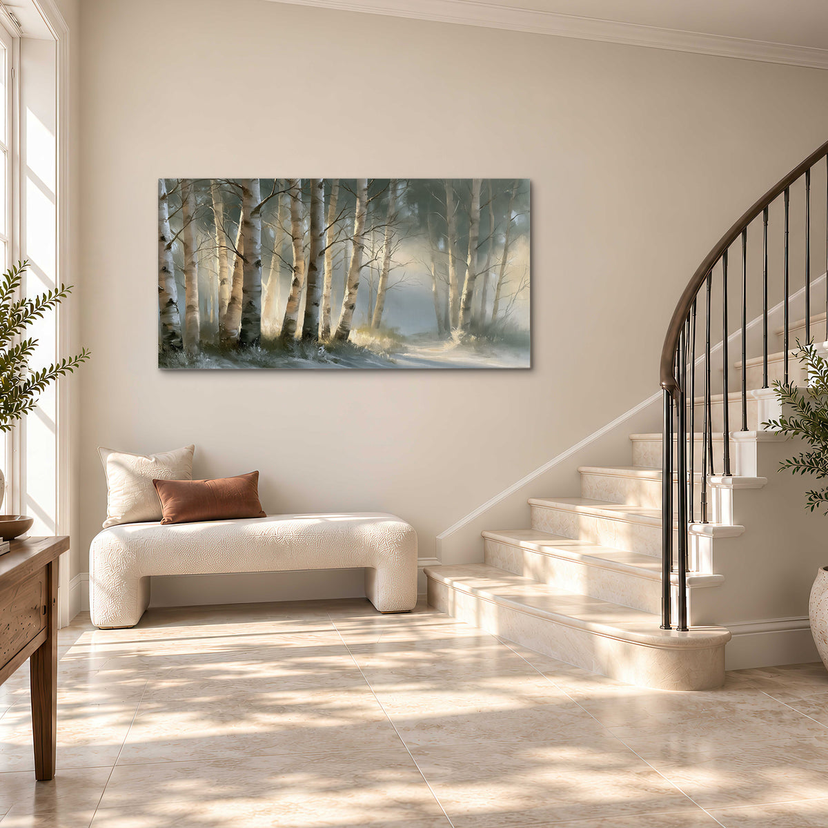 A softly lit woodland path winding between pale birch trunks single canvas wall art styled in an interior