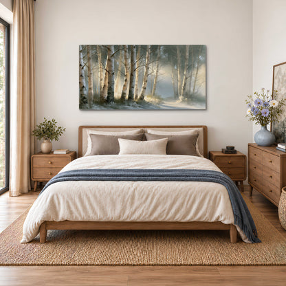 A softly lit woodland path winding between pale birch trunks single canvas wall art styled in an interior