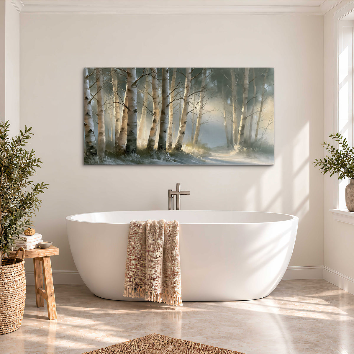 A softly lit woodland path winding between pale birch trunks single canvas wall art styled in an interior