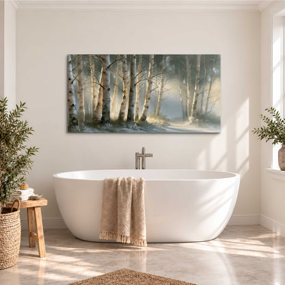 A softly lit woodland path winding between pale birch trunks single canvas wall art styled in an interior