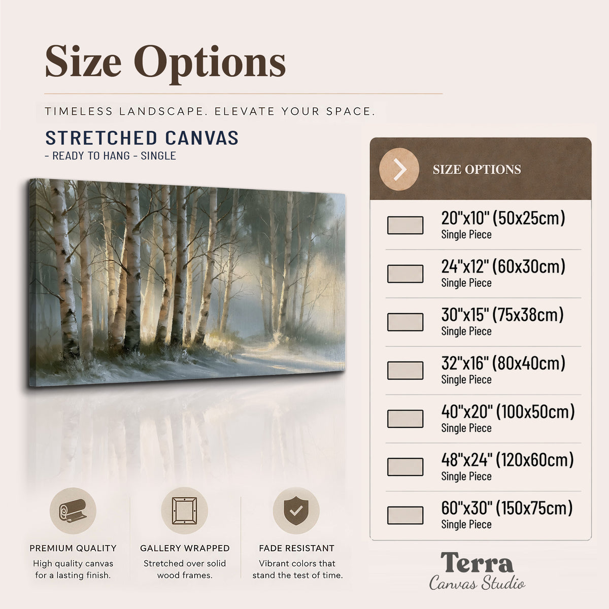 A softly lit woodland path winding between pale birch trunks single canvas wall art available dimensions